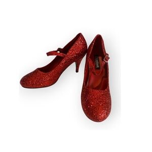 Sparkly Red Glitter Pumps Mary Jane High Heels Retro Pinup Costume Shoes Size 11
